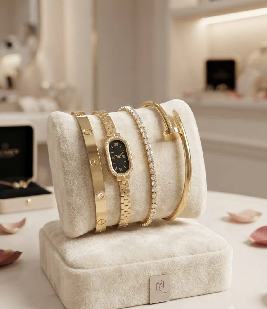 Fancy Pack of 4 Gift Deal – Stainless Steel Handcuffs & Zircon Gold Plated Bracelets for Her