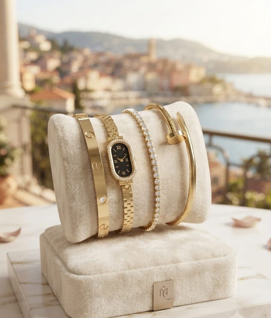 Fancy Pack of 4 Gift Deal – Stainless Steel Handcuffs & Zircon Gold Plated Bracelets for Her