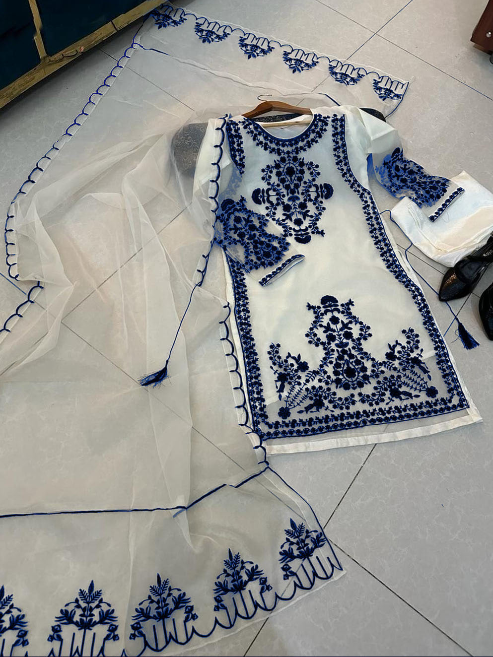 Ready to Wear Front Heavy Embroidered Organza 3-Piece Suit with Frill Dupatta