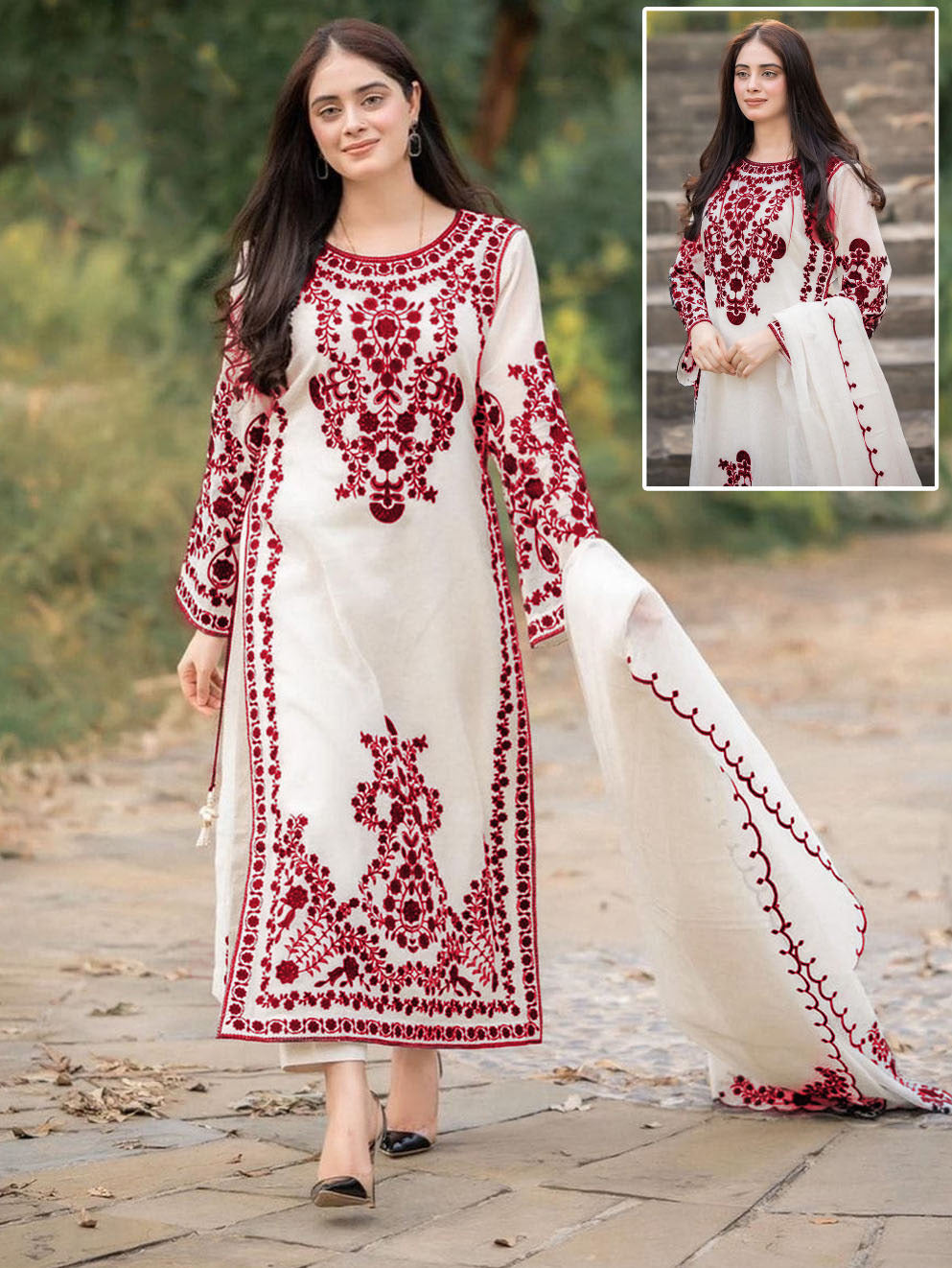 Ready to Wear Front Heavy Embroidered Organza 3-Piece Suit with Frill Dupatta