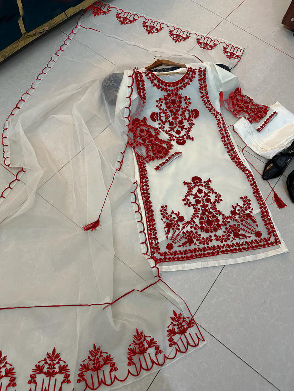 Ready to Wear Front Heavy Embroidered Organza 3-Piece Suit with Frill Dupatta