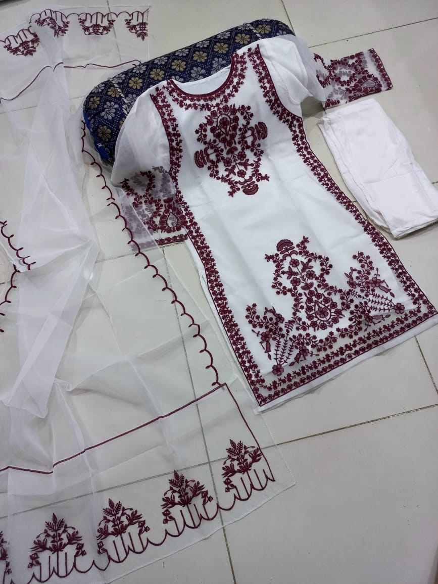Ready to Wear Front Heavy Embroidered Organza 3-Piece Suit with Frill Dupatta