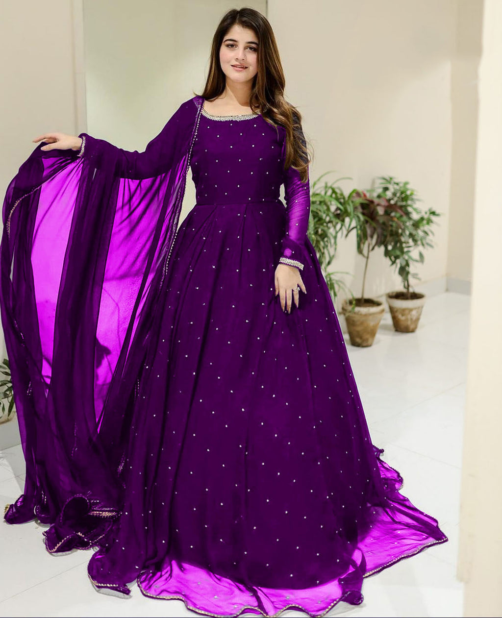 Ready to Wear Elegant Pearls & Lace Work Chiffon Long Flare Maxi Set (3-Piece) – 120" Ghair