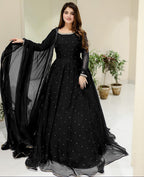 Ready to Wear Elegant Pearls & Lace Work Chiffon Long Flare Maxi Set (3-Piece) – 120" Ghair