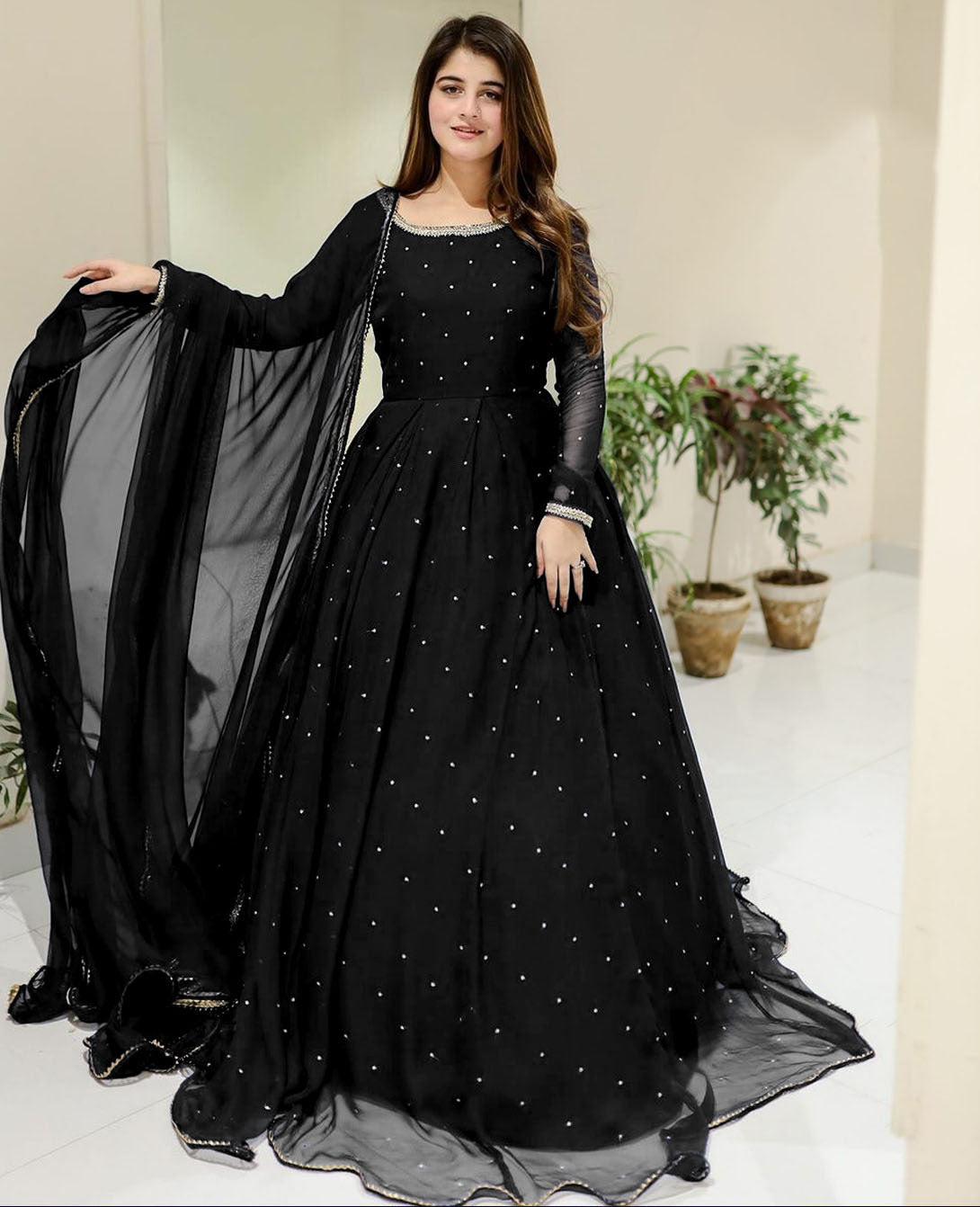 Ready to Wear Elegant Pearls & Lace Work Chiffon Long Flare Maxi Set (3-Piece) – 120" Ghair