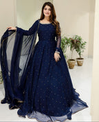 Ready to Wear Elegant Pearls & Lace Work Chiffon Long Flare Maxi Set (3-Piece) – 120" Ghair