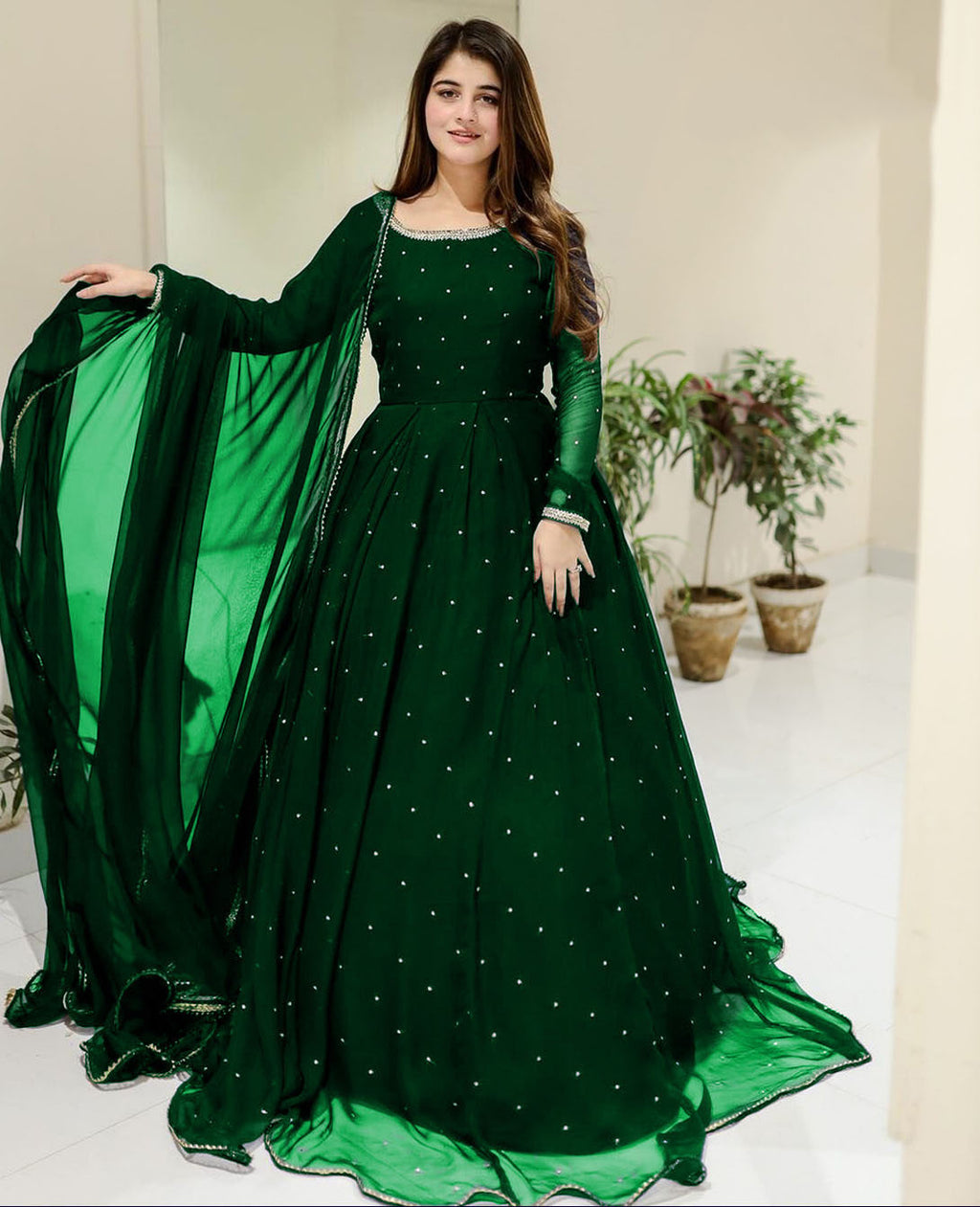 Ready to Wear Elegant Pearls & Lace Work Chiffon Long Flare Maxi Set (3-Piece) – 120" Ghair