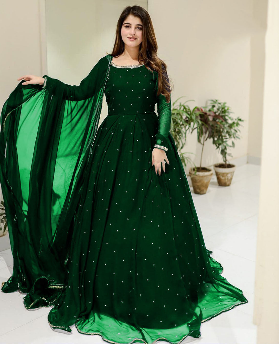 Ready to Wear Elegant Pearls & Lace Work Chiffon Long Flare Maxi Set (3-Piece) – 120" Ghair