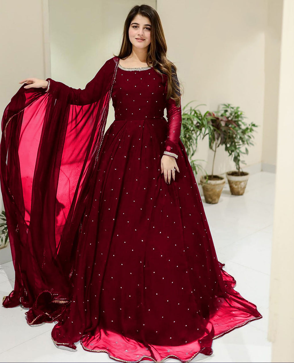 Ready to Wear Elegant Pearls & Lace Work Chiffon Long Flare Maxi Set (3-Piece) – 120" Ghair