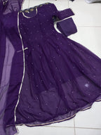 Ready to Wear Elegant Pearls & Lace Work Chiffon Long Flare Maxi Set (3-Piece) – 120" Ghair