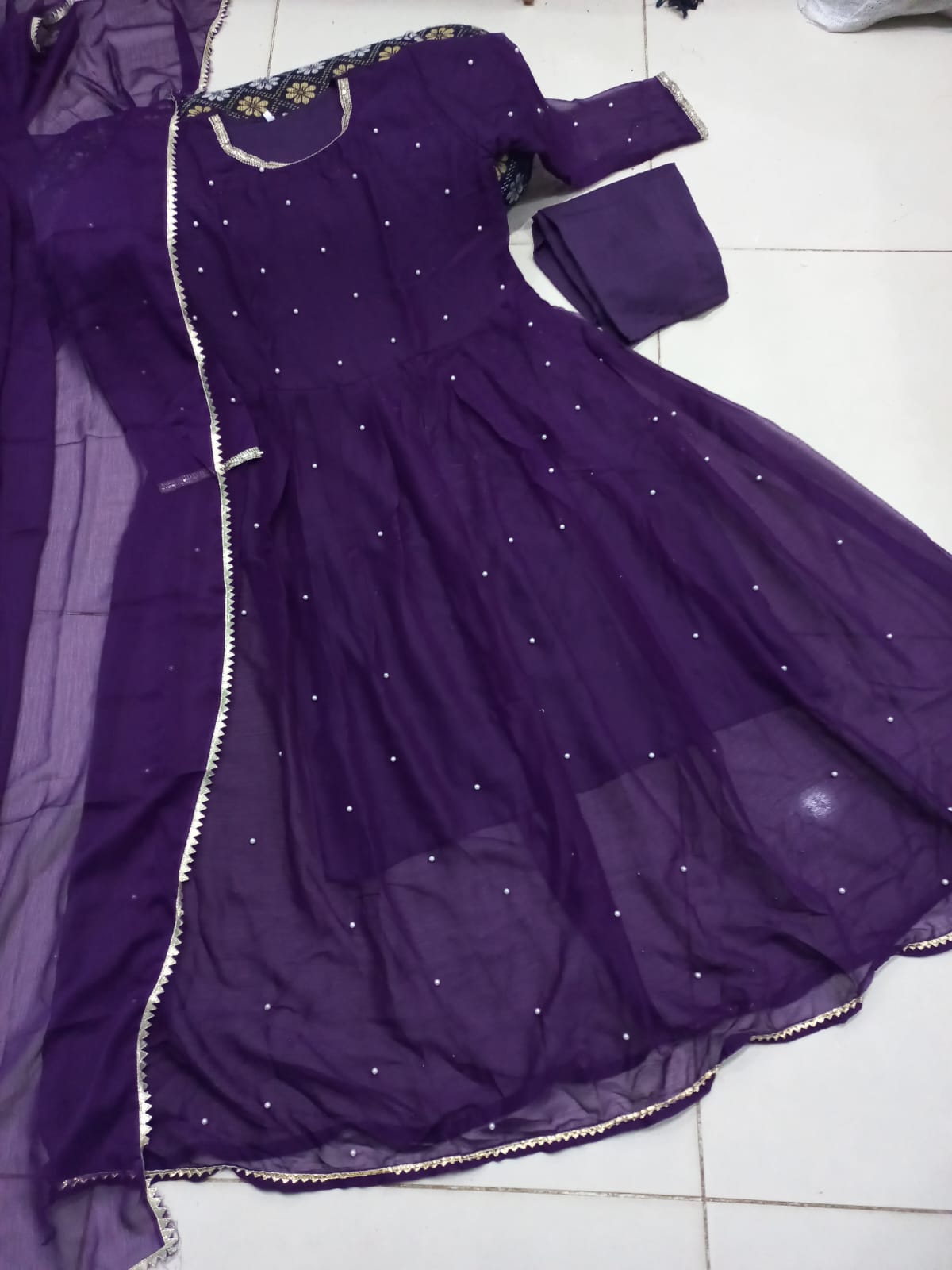 Ready to Wear Elegant Pearls & Lace Work Chiffon Long Flare Maxi Set (3-Piece) – 120" Ghair