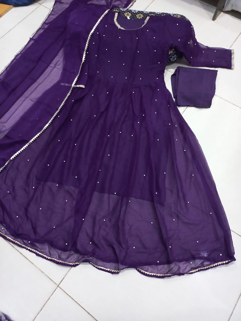 Ready to Wear Elegant Pearls & Lace Work Chiffon Long Flare Maxi Set (3-Piece) – 120" Ghair