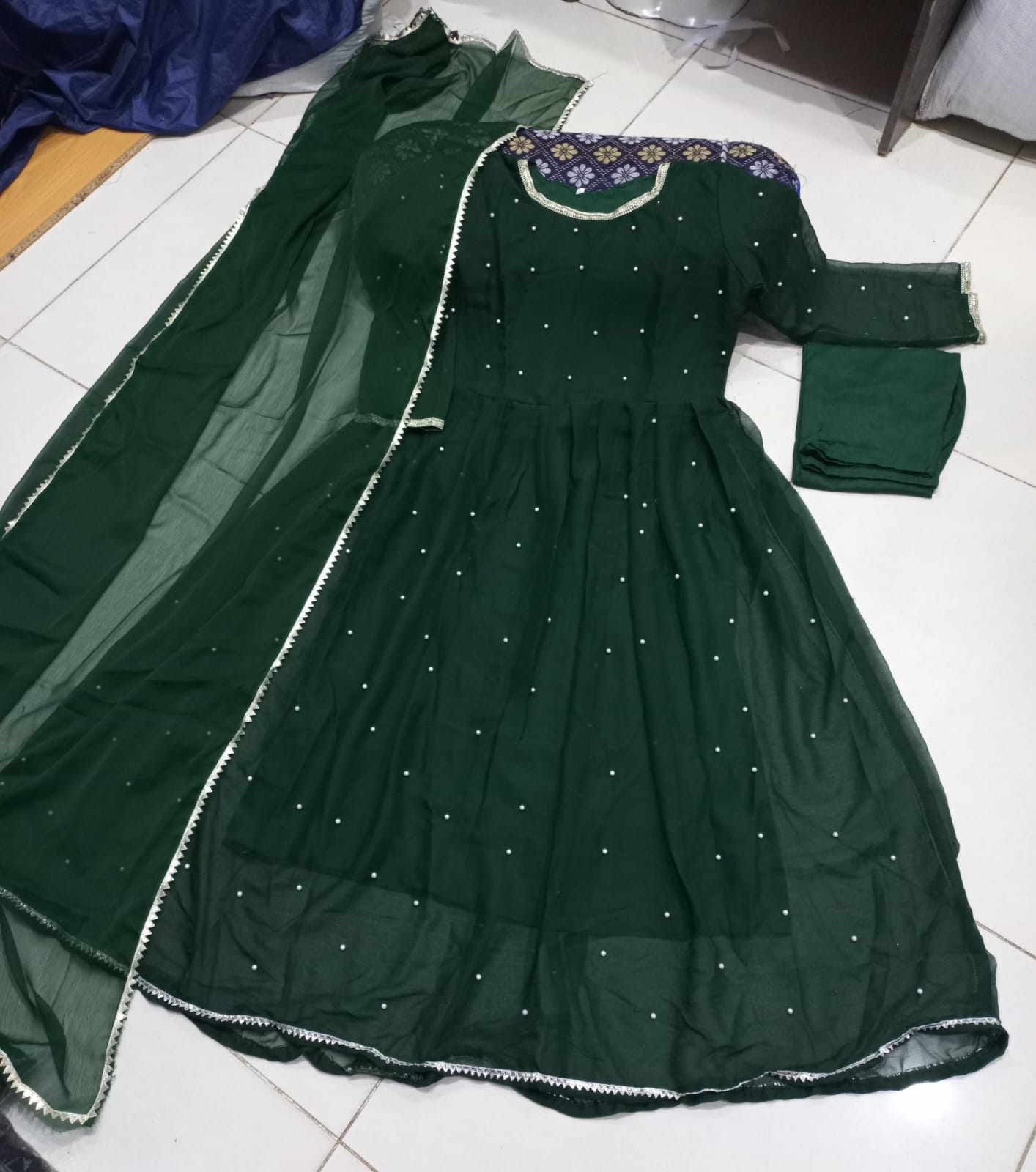 Ready to Wear Elegant Pearls & Lace Work Chiffon Long Flare Maxi Set (3-Piece) – 120" Ghair