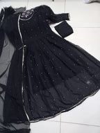 Ready to Wear Elegant Pearls & Lace Work Chiffon Long Flare Maxi Set (3-Piece) – 120" Ghair