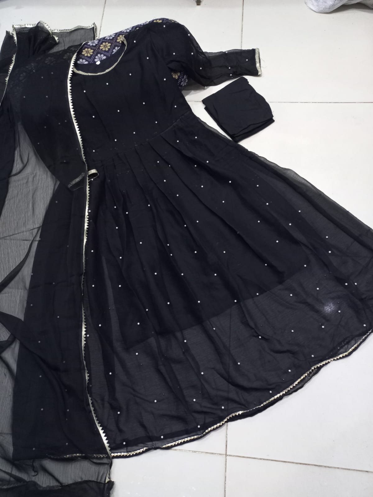 Ready to Wear Elegant Pearls & Lace Work Chiffon Long Flare Maxi Set (3-Piece) – 120" Ghair