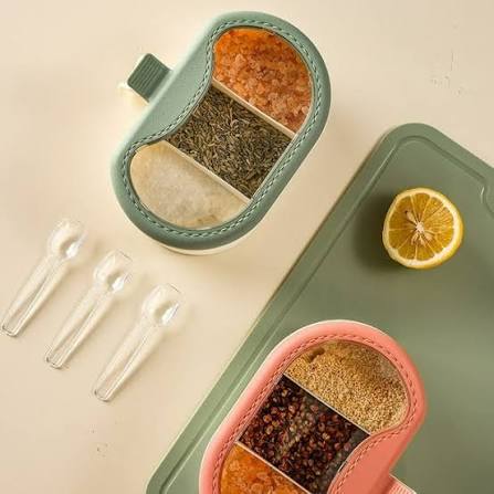 3 Compartment Spice Jar Box & Organizer with 3 Spoons – Premium Kitchen Storage