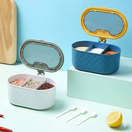 3 Compartment Spice Jar Box & Organizer with 3 Spoons – Premium Kitchen Storage
