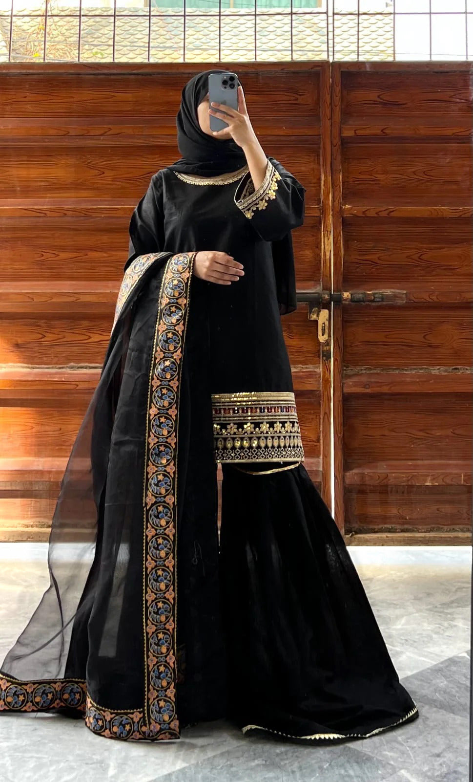 Ready to Wear Sequence Zari Embroidered Shamose Silk Short Shirt with Garara & Organza Dupatta 3-Piece