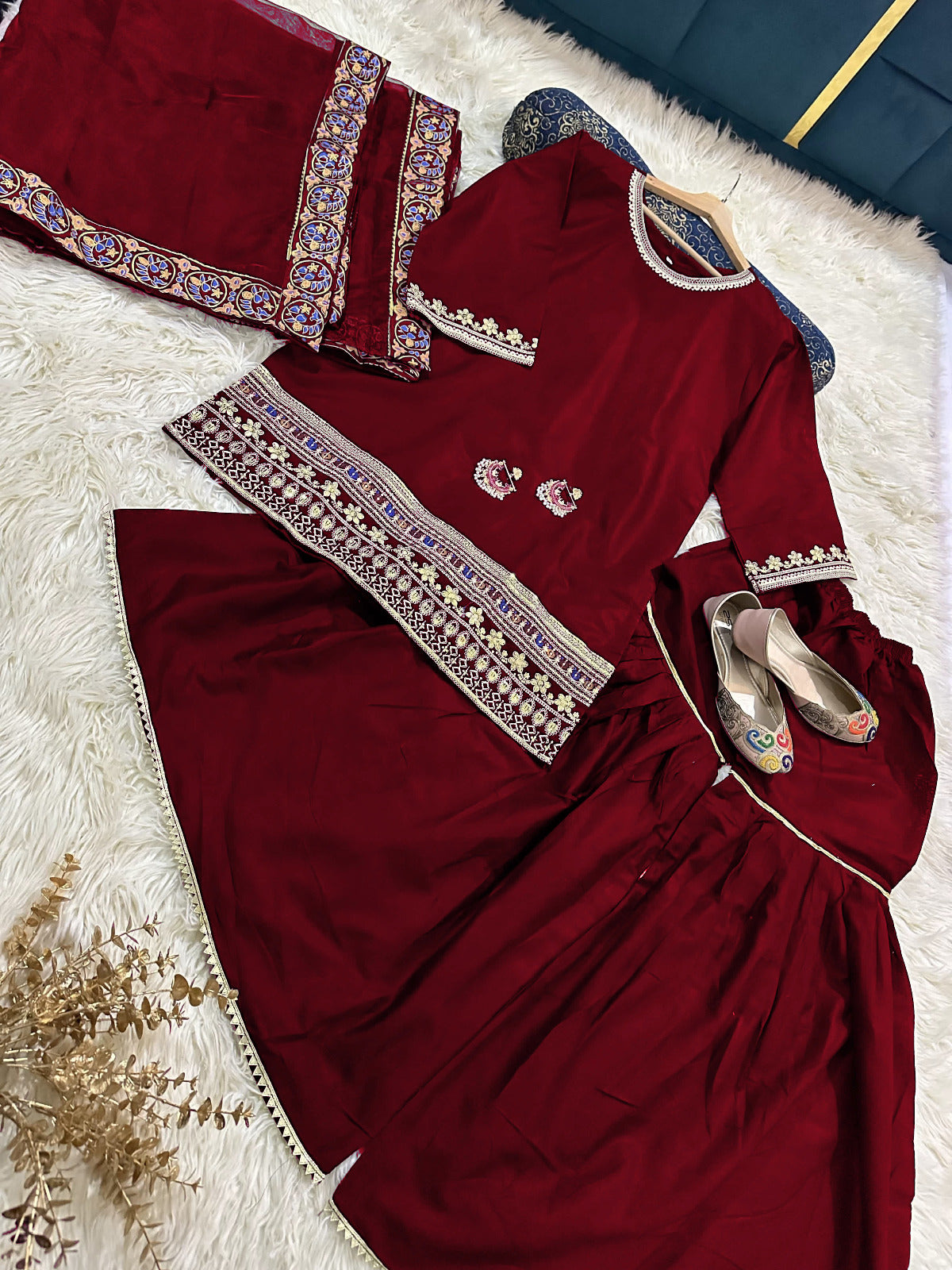 Ready to Wear Sequence Zari Embroidered Shamose Silk Short Shirt with Garara & Organza Dupatta 3-Piece