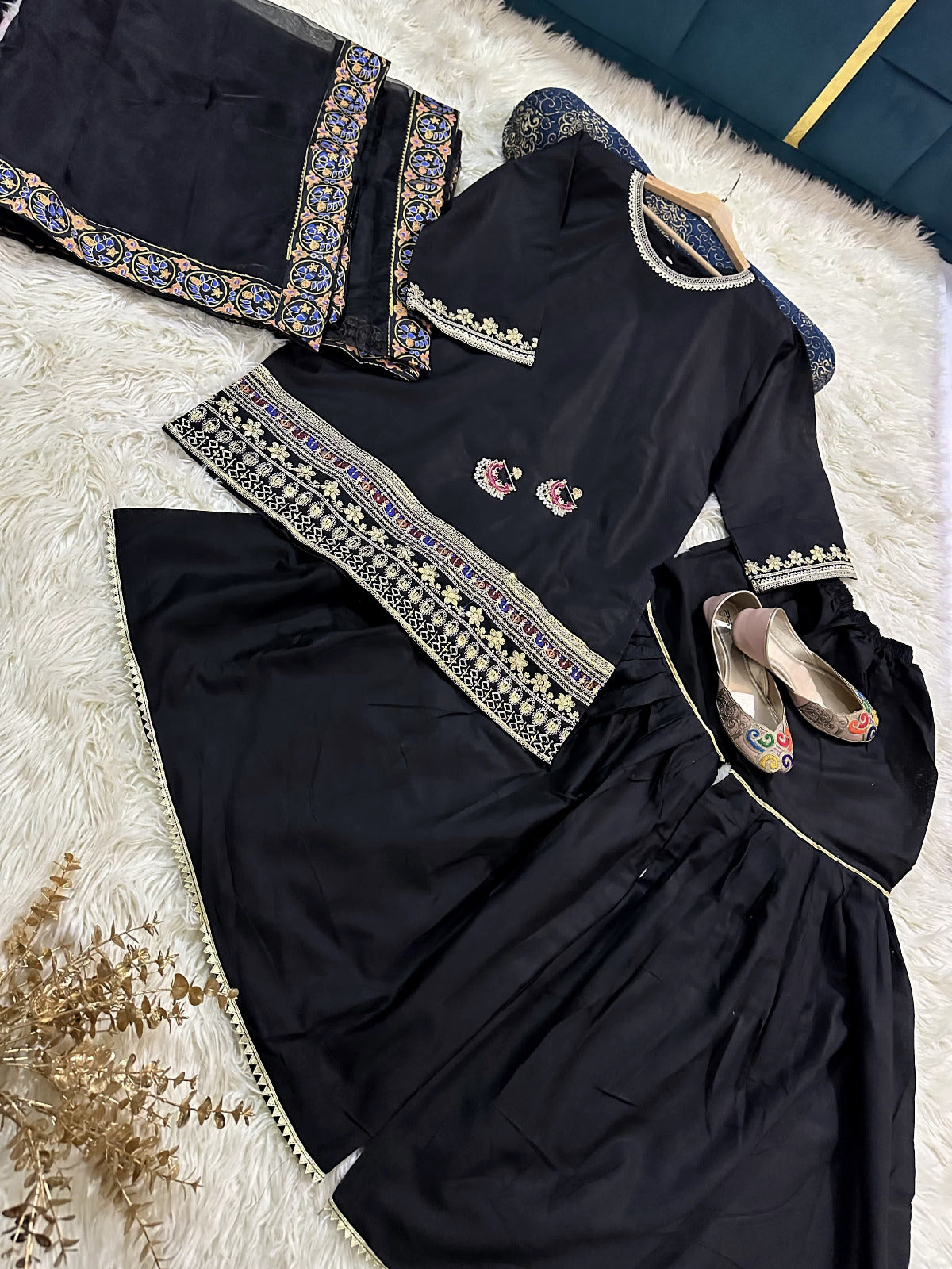 Ready to Wear Sequence Zari Embroidered Shamose Silk Short Shirt with Garara & Organza Dupatta 3-Piece