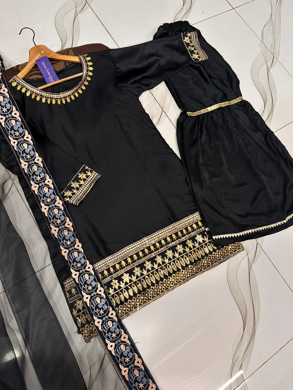 Ready to Wear Sequence Zari Embroidered Shamose Silk Short Shirt with Garara & Organza Dupatta 3-Piece