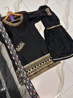 Ready to Wear Sequence Zari Embroidered Shamose Silk Short Shirt with Garara & Organza Dupatta 3-Piece