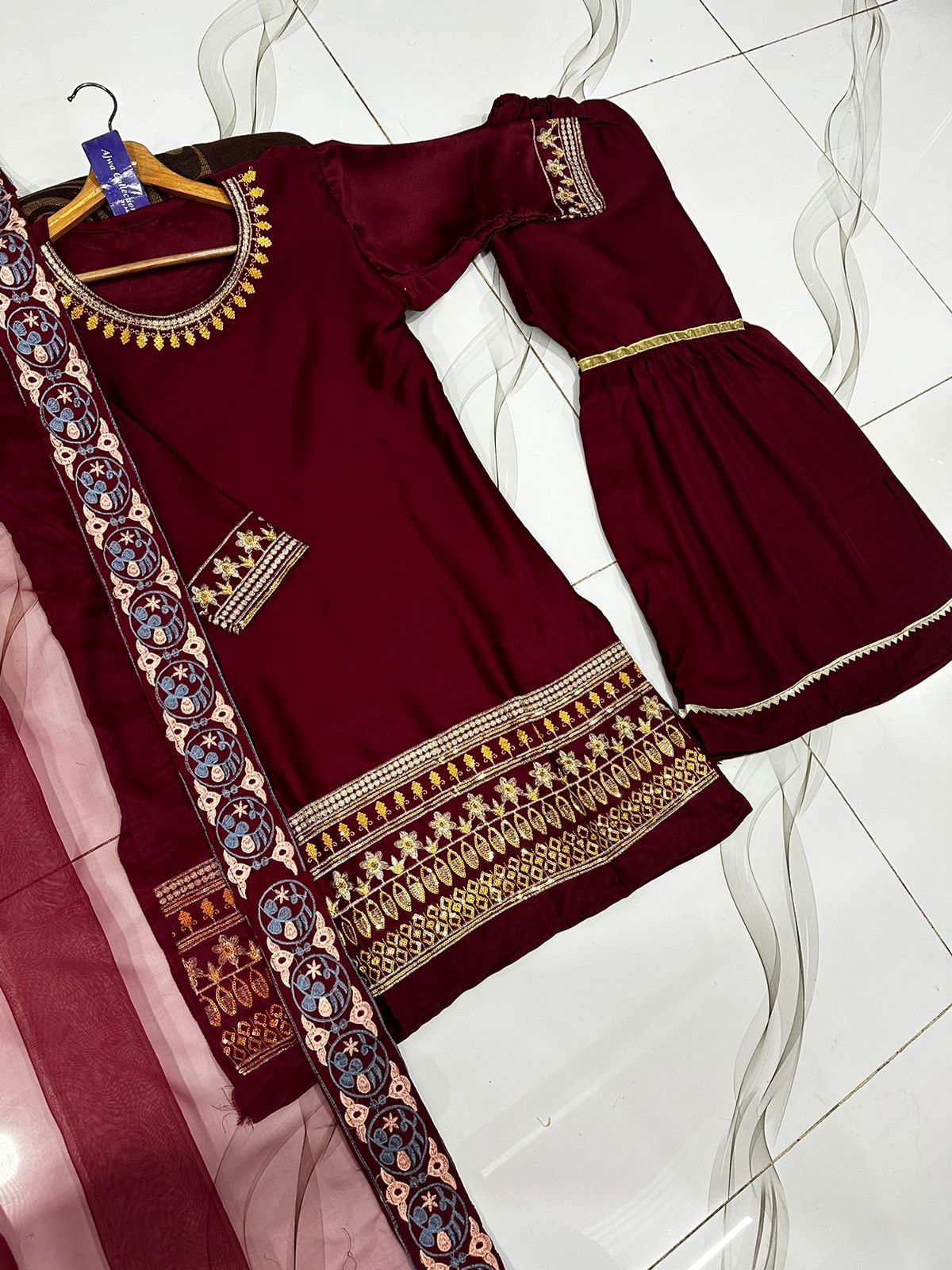 Ready to Wear Sequence Zari Embroidered Shamose Silk Short Shirt with Garara & Organza Dupatta 3-Piece