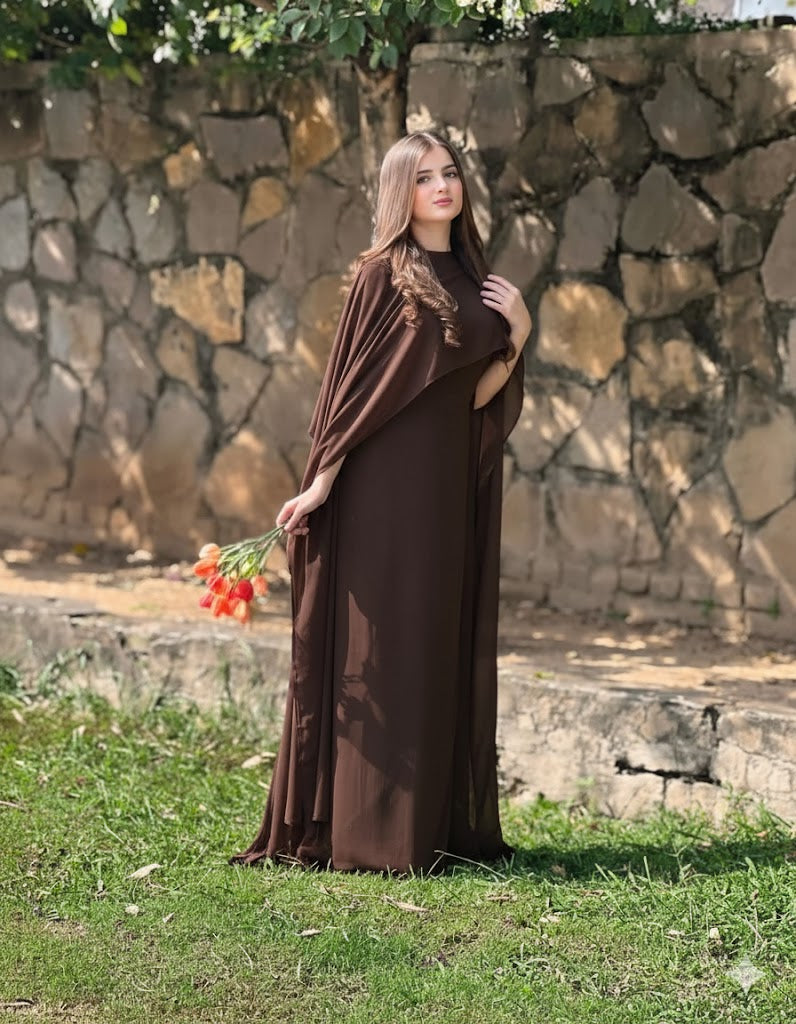 Ready to Wear Cape Maxi Chiffon Dress in Maroon & Brown