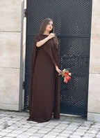 Ready to Wear Cape Maxi Chiffon Dress in Maroon & Brown