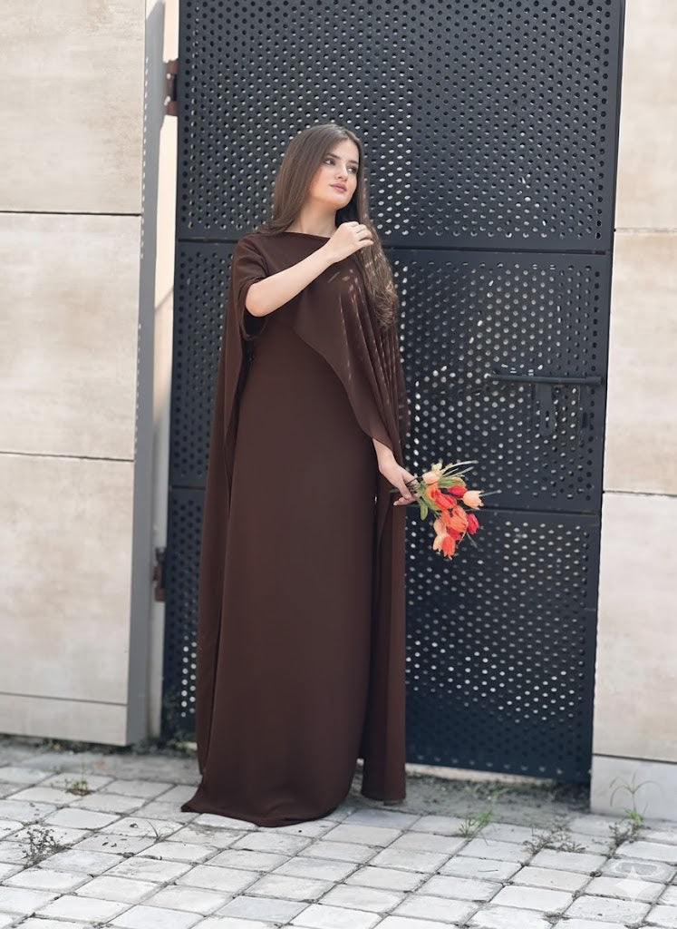Ready to Wear Cape Maxi Chiffon Dress in Maroon & Brown