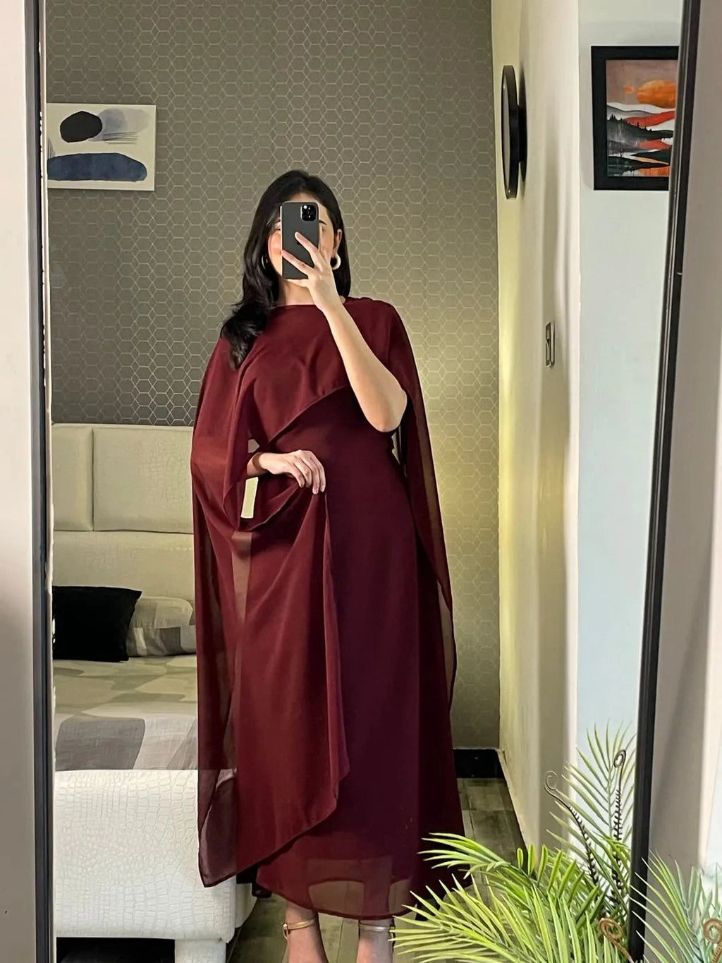 Ready to Wear Cape Maxi Chiffon Dress in Maroon & Brown
