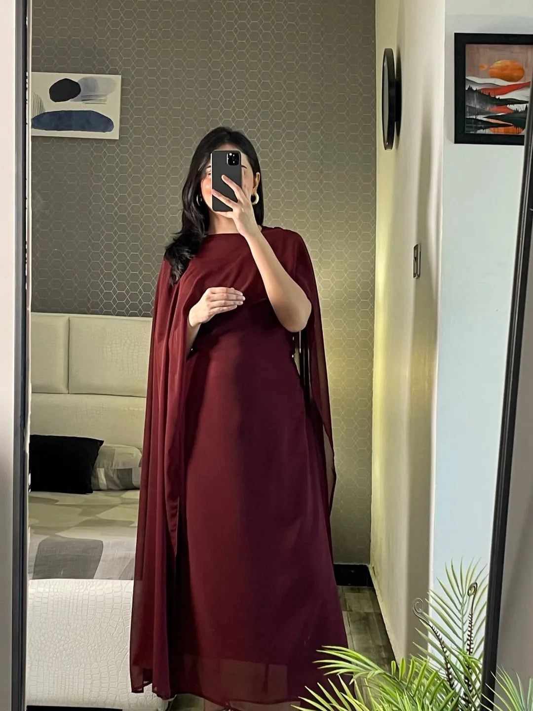 Ready to Wear Cape Maxi Chiffon Dress in Maroon & Brown