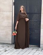 Ready to Wear Cape Maxi Chiffon Dress in Maroon & Brown
