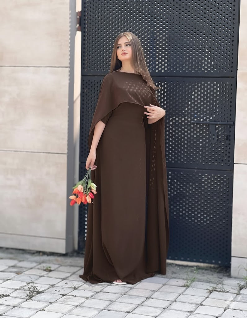 Ready to Wear Cape Maxi Chiffon Dress in Maroon & Brown