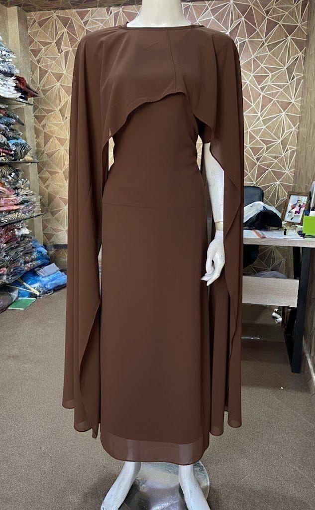 Ready to Wear Cape Maxi Chiffon Dress in Maroon & Brown