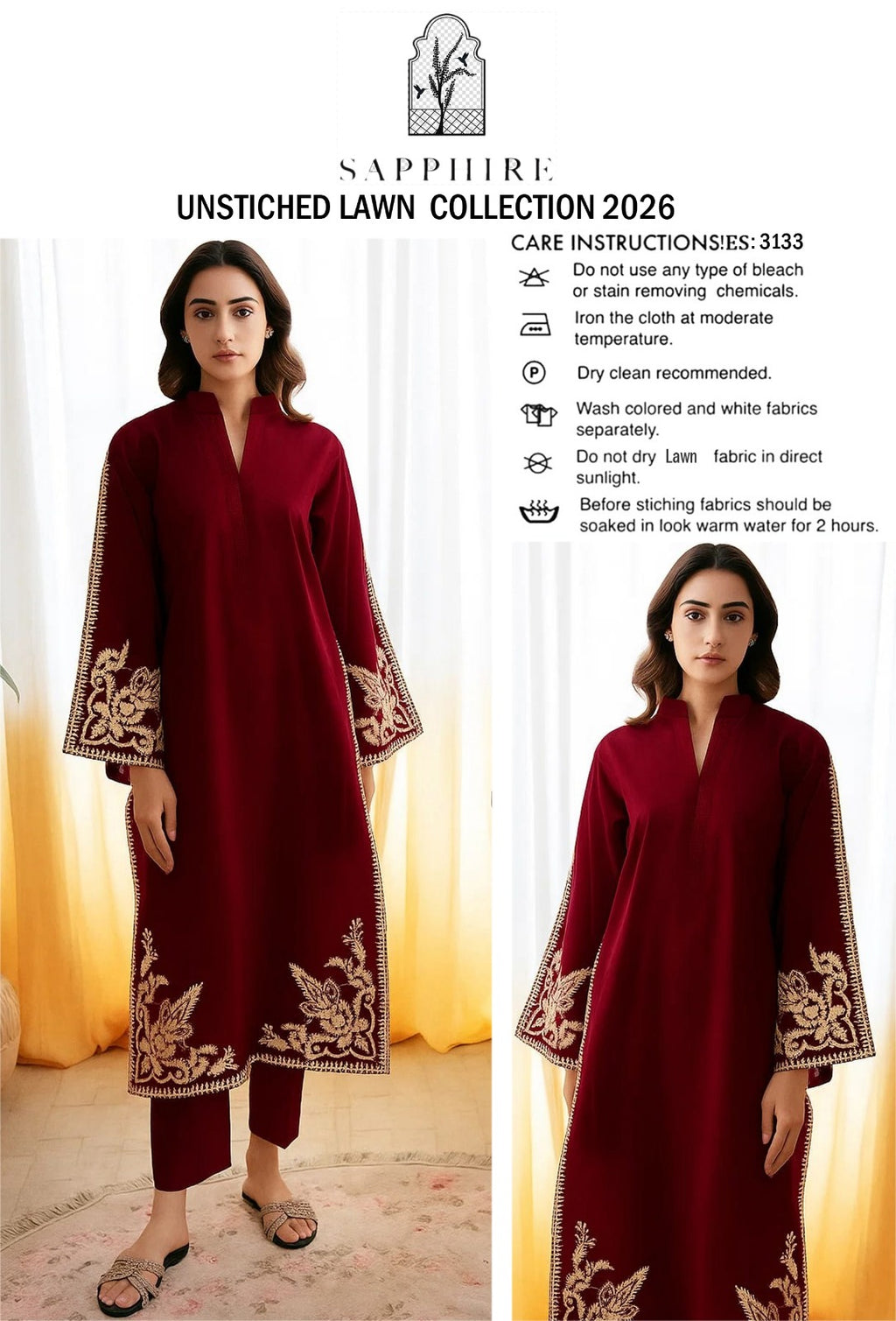 Premium Lawn Embroidered 2Pc Suit With Plain Trouser