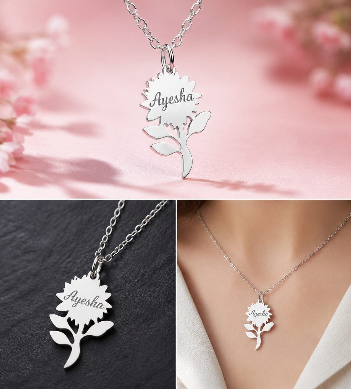 Custom Flower Name Engraved Locket Necklace