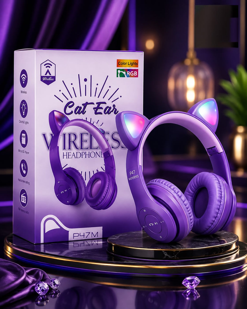Foldable Cat Ear LED Wireless Headphones P47M - Cute Bluetooth Headset