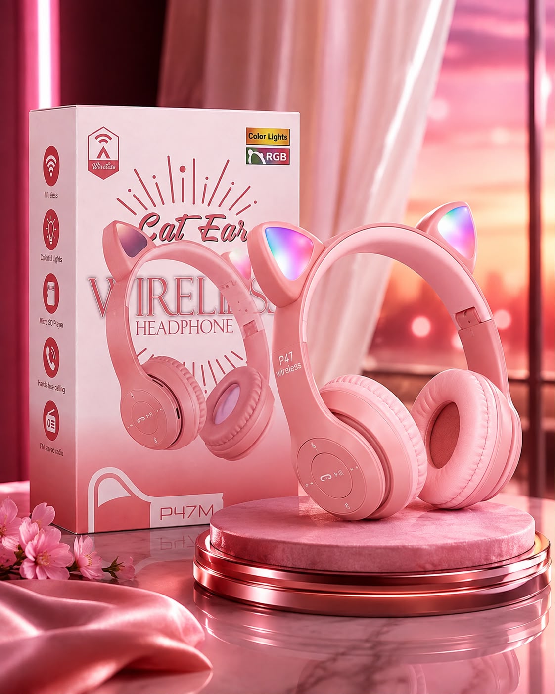 Foldable Cat Ear LED Wireless Headphones P47M - Cute Bluetooth Headset