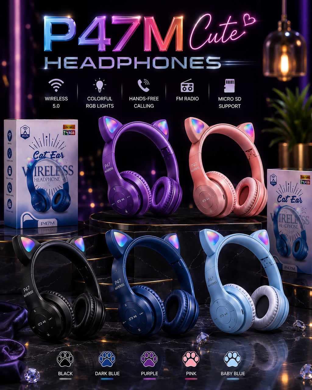 Foldable Cat Ear LED Wireless Headphones P47M - Cute Bluetooth Headset