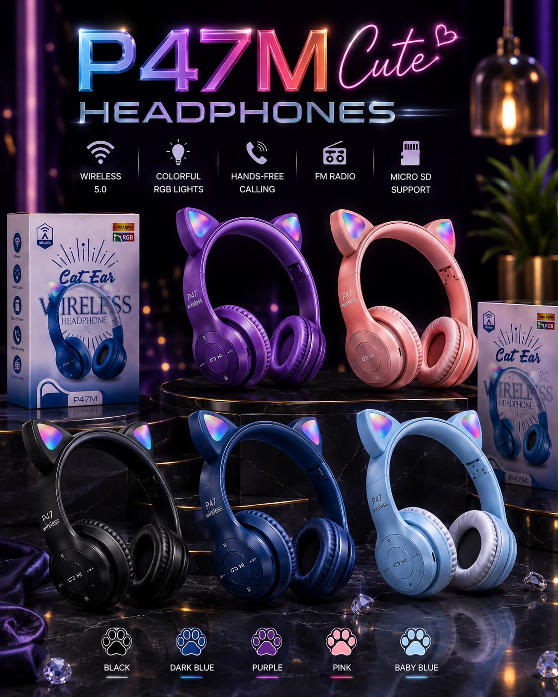 Foldable Cat Ear LED Wireless Headphones P47M - Cute Bluetooth Headset
