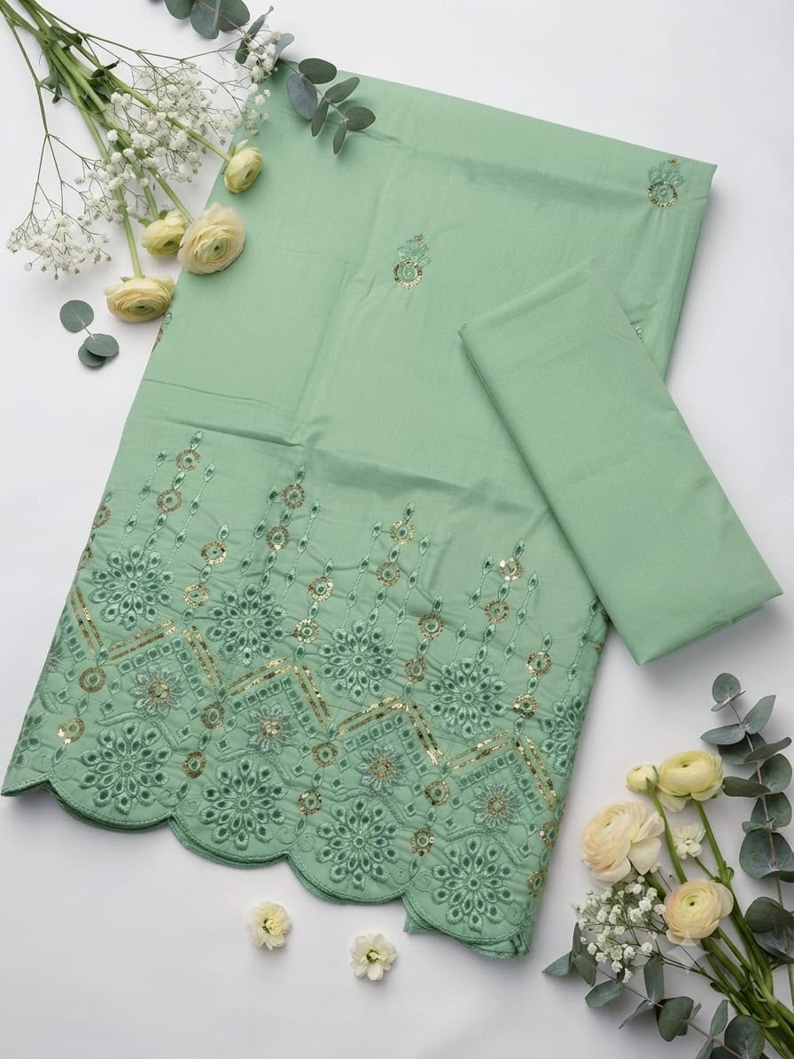 Mint Green Embroidered Chikankari Cotton Suit with Cambric Trouser
