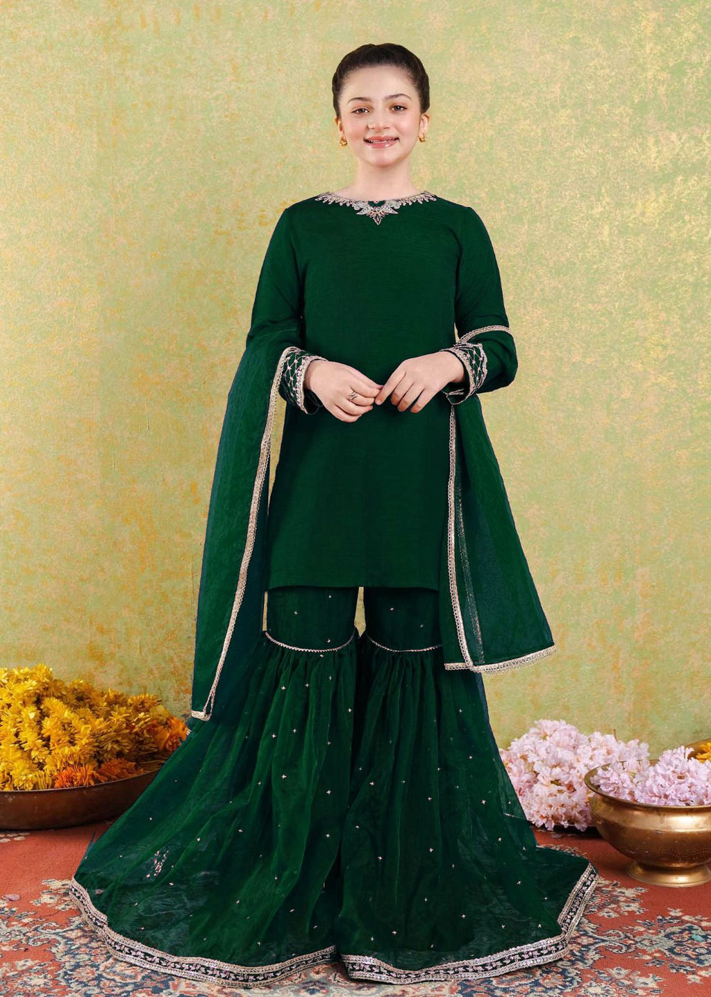 Kids 3-Piece Embroidered Shamose Silk Shirt with Organza Garara & Lace Work Dupatta