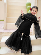 Kids 3-Piece Embroidered Shamose Silk Shirt with Organza Garara & Lace Work Dupatta