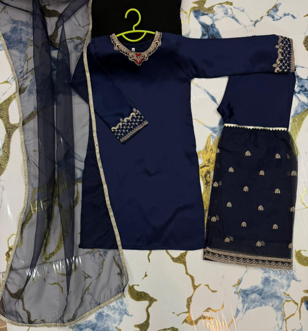 Kids 3-Piece Embroidered Shamose Silk Shirt with Organza Garara & Lace Work Dupatta