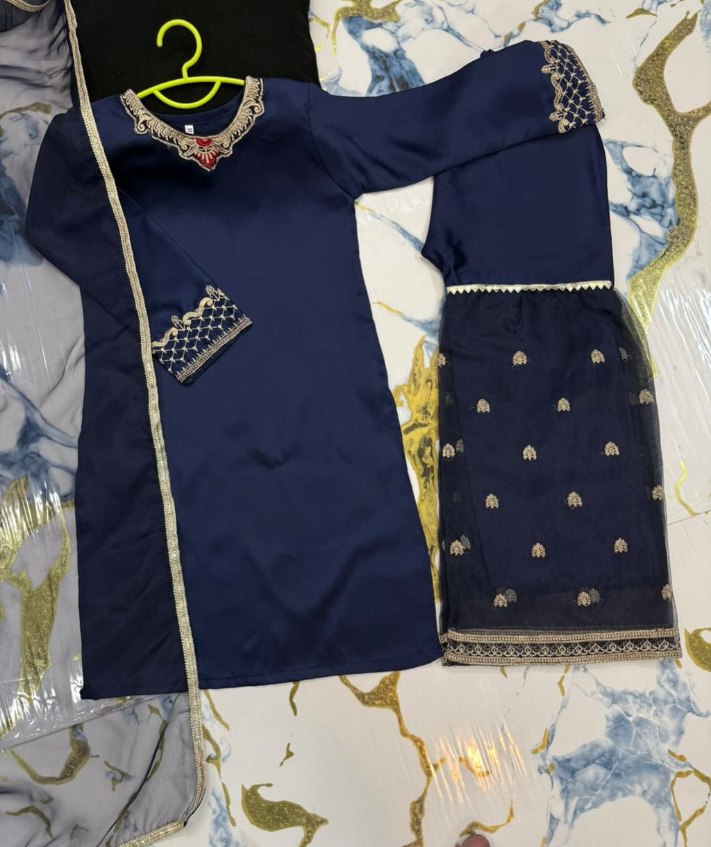 Kids 3-Piece Embroidered Shamose Silk Shirt with Organza Garara & Lace Work Dupatta