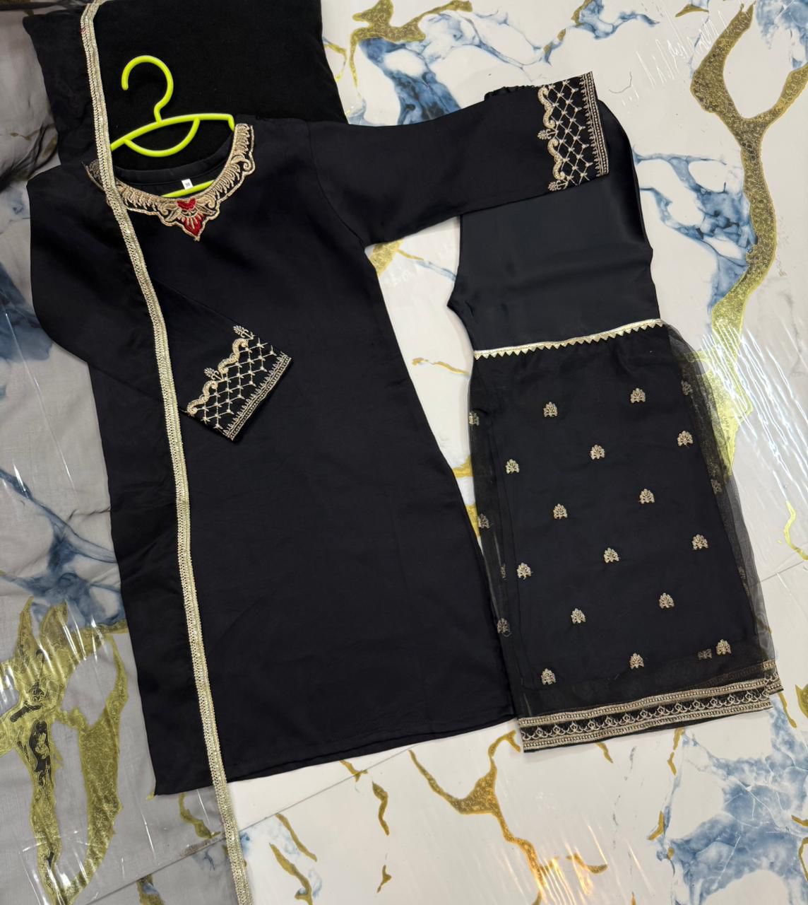 Kids 3-Piece Embroidered Shamose Silk Shirt with Organza Garara & Lace Work Dupatta