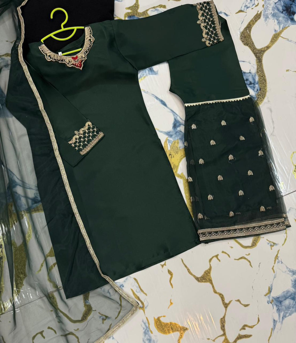 Kids 3-Piece Embroidered Shamose Silk Shirt with Organza Garara & Lace Work Dupatta