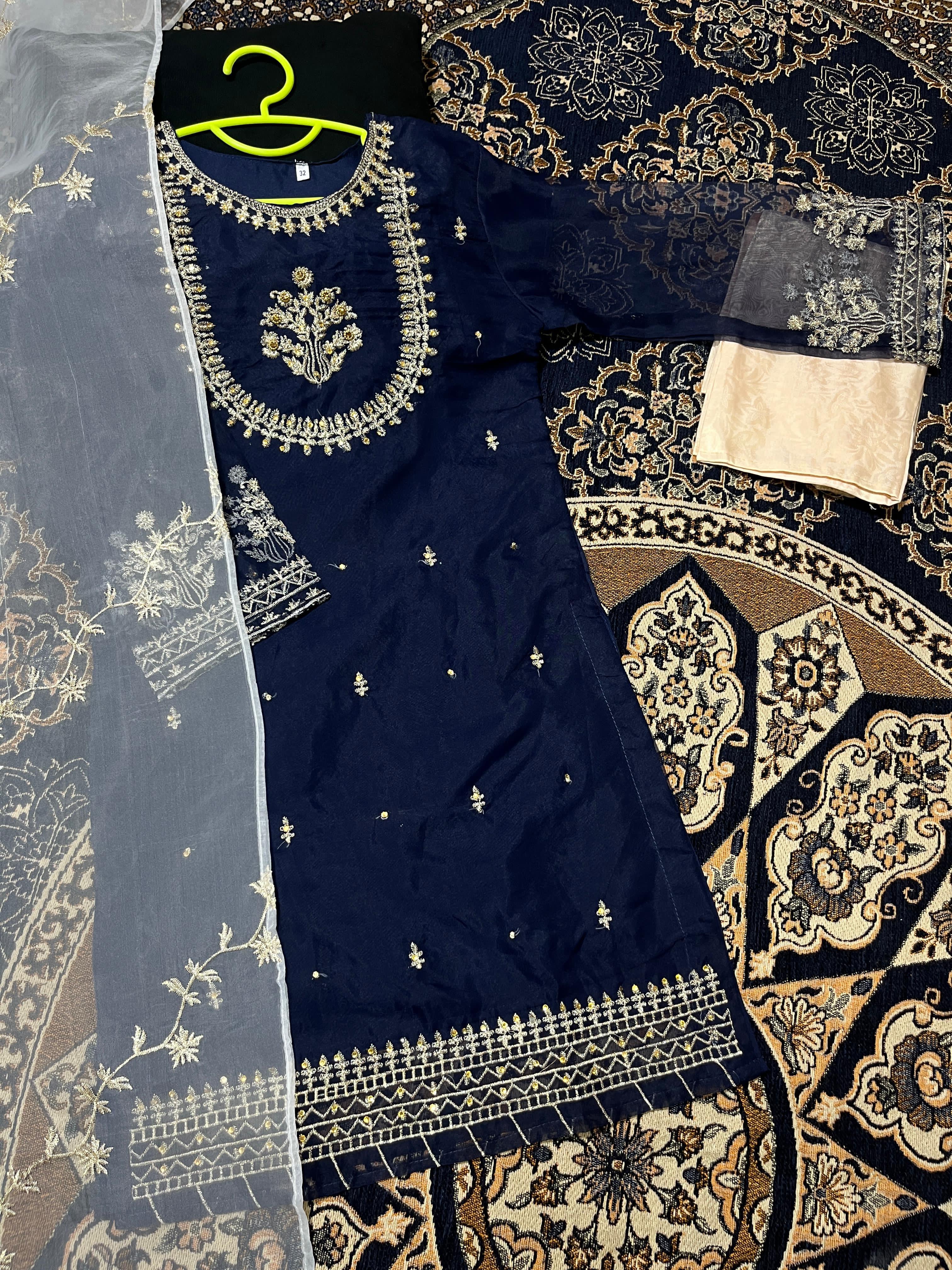 Kids 3-Piece Handwork & Embroidered Organza Shirt with Maysoori Trouser & Dupatta