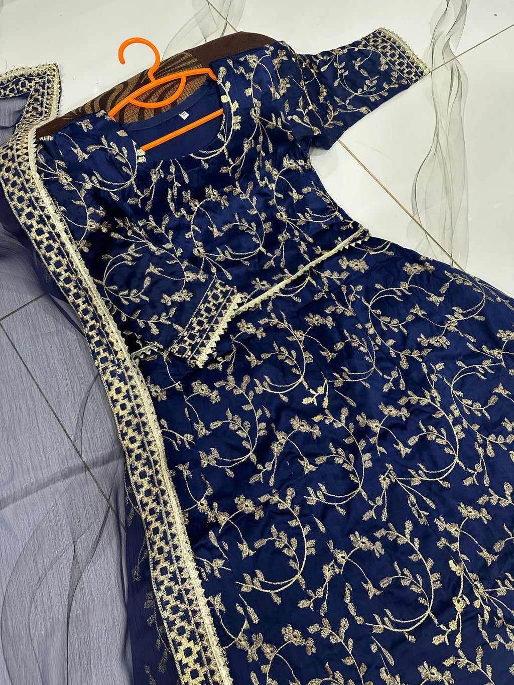 Kids 3-Piece Front Embroidered Silk Top with Skirt & Four-Side Embroidered Organza Dupatta